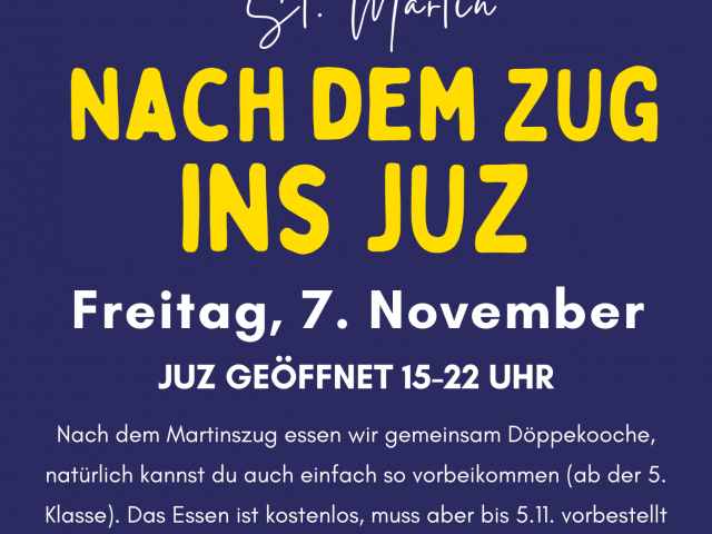 Martinsumzug in Plaidt am 7. November: JUZ geöffnet 15-22 Uhr + Döppekooche-Essen