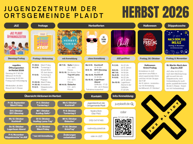 Herbst im JUZ Plaidt: Öffnungszeiten, Aktionen und Ferienprogramm
